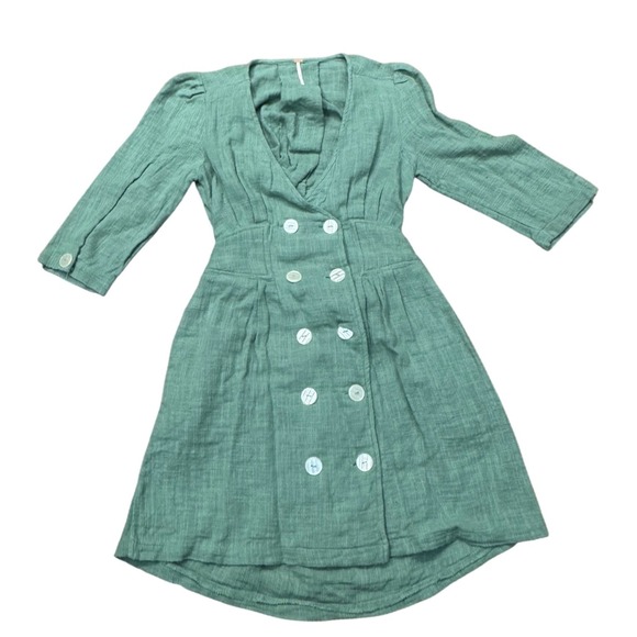 Free People Green Linen Blend Double Breasted Button Front Midi Dress M - Picture 2 of 4